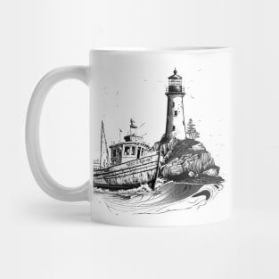 lighthouse with an old boat in vintage style Mug